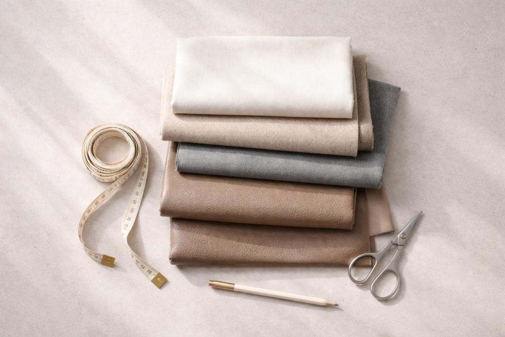 [light] Mission/værdier: abstrakt og symbolsk billede af materialer og håndværk (stof, tråd, værktøj) i rolig komposition, brugt som visuelt statement.