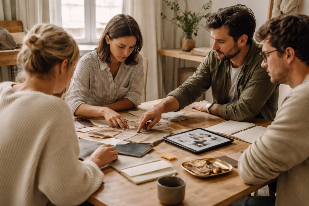 [light] Om os-teambillede: et lille mode-/redaktionsteam i et lyst atelier, i gang med at gennemgå materialer og styling, til at vise kultur og faglighed.