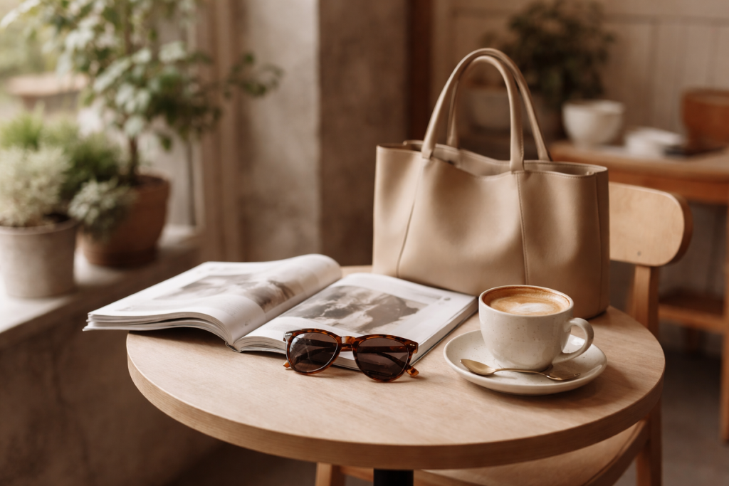 [light] Stemningsbillede til branduniverset: café-/gallerimiljø med mode-magasin, kaffe og accessories, der signalerer moderne, nordisk livsstil.