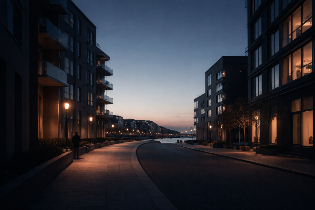 [dark] CTA-baggrund: moody aftenlys i en minimalistisk byscene med stærk negativ plads, så knapper og tekst kan stå tydeligt.