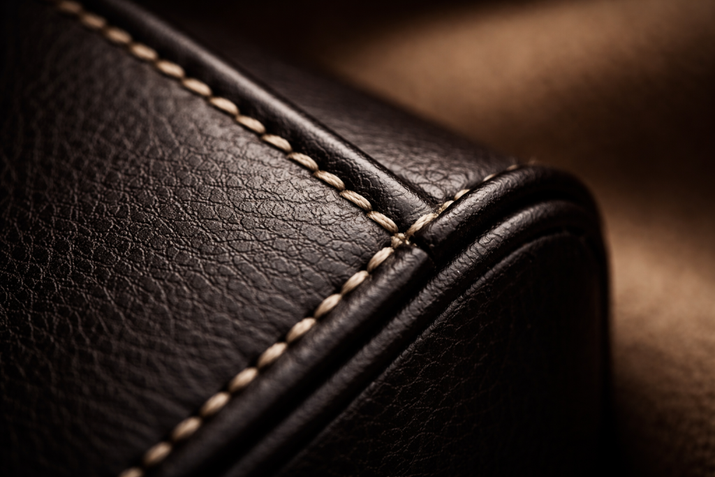 [dark] Feature-detalje: makro af kvalitetsmateriale og syninger (fx uldfrakke eller lædertaske), brugt til at understøtte fokus på håndværk og pasform.