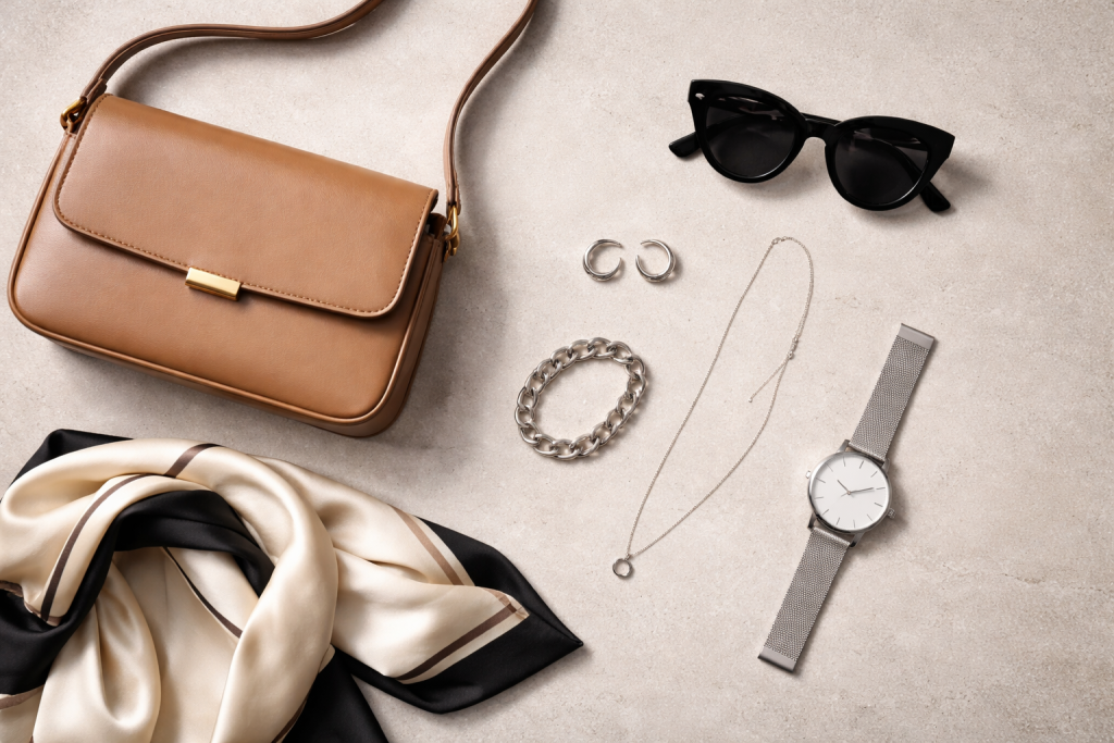 [light] Servicebillede til accessories-trends: kurateret flad-lay af tasker, smykker og solbriller i nordiske toner, brugt til kort/sektion.