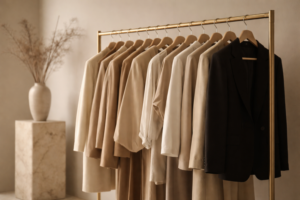 [dark] Servicebillede til materialer og kvalitet: nærmiljø i en butik/showroom med fokus på udvalgte items på bøjlestang, til at signalere kuratering.