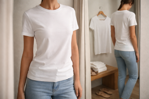 Hvordan du gør den hvide T-shirt mindre gennemsigtig allerede i prøverummet