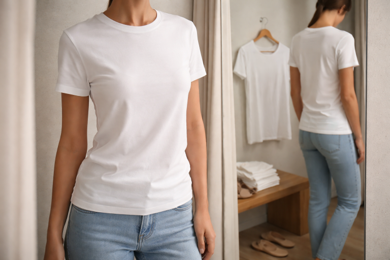 Hvordan du gør den hvide T-shirt mindre gennemsigtig allerede i prøverummet